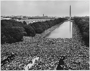 Crowd estimates at the 1963 March on Washington range between 200,000 and 300,000. Here the sea of people stretches from the Lincoln Memorial to the Washington Monument. The march, the largest to appear in Washington up to that time, was highlighted by Dr. King's speech and influenced Congress to pass two major pieces of civil rights legislation in 1964 and 1965. National Archives.