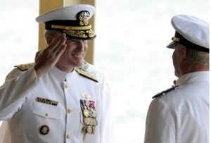 Admiral Patrick Walsh salutes Admiral Robert Willard as Walsh takes command of the Pacific Fleet in a ceremony September 2009 at Pearl Harbor, Fleet headquarters. Photo by Jeff Widener, The Honolulu Advertiser.