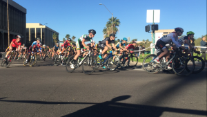 Racers rounding the first corner