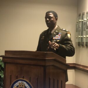 Liutenant Colonel Neal '97 speaking at his promotion