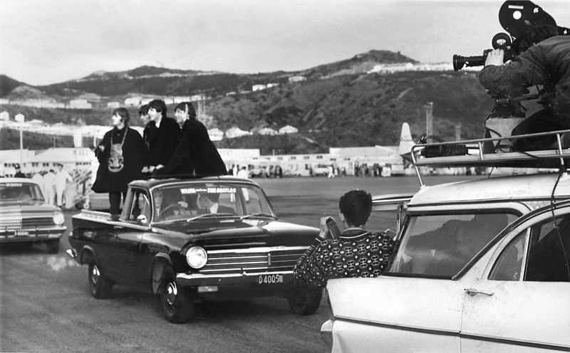 Photo of the Beatles in a Car