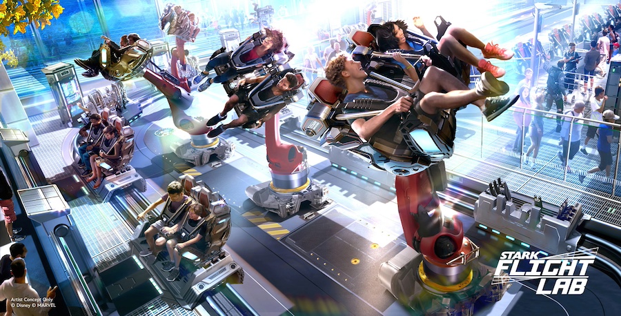 Image portrays the on ride experience of the soon to come Stark Flight LabsArt By Disney